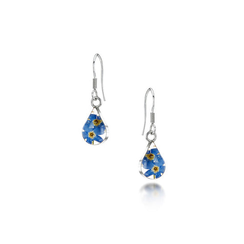 The image shows a pair of sterling silver earrings with drop loop fastenings. The earrings are teardrop-shaped and contain real forget-me-not flowers contained within resin mounted in sterling silver.