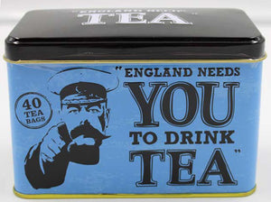 The image shows a metal tin. The body of the tin is blue, with "ENGLAND NEEDS YOU TO DRINK TEA" in black letters alongside an image of Kitchener pointing, and the words 40 TEA BAGS within a circle. The lid is black with the words "ENGLAND NEEDS TEA" written in white.