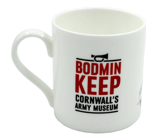 Image shows a white bone china cup depicting Bodmin Keep: Cornwall's Army Museum logo in red and black