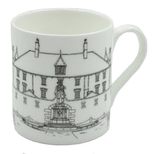 Load image into Gallery viewer, Image shows a white bone china cup depicting a line drawing of Bodmin Keep and the First World War memorial of a soldier