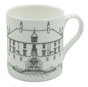Image shows a white bone china cup depicting a line drawing of Bodmin Keep and the First World War memorial of a soldier