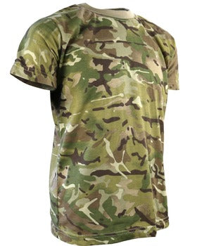 The image shows a t-shirt in camouflage of light greens and browns with a light brown round collar.