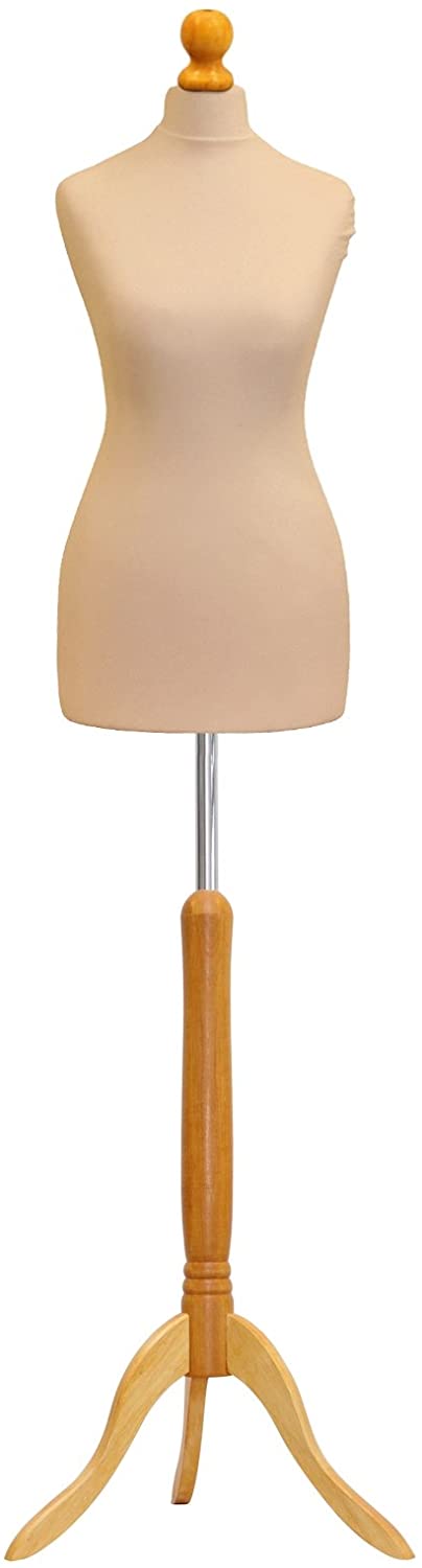 The image shows a biege coloured body of a dressmakers dummy on a wooden stand with a metal pole securing it to the wooden base.