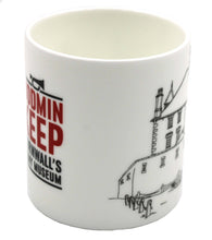 Load image into Gallery viewer, The image shows a white bone china cup with part of the Bodmin Keep logo in red and black and part of a line drawing in black of Bodmin Keep