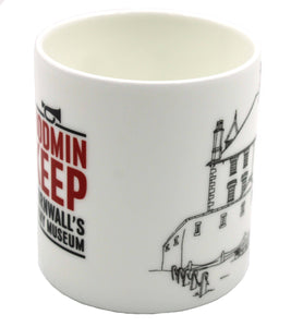 The image shows a white bone china cup with part of the Bodmin Keep logo in red and black and part of a line drawing in black of Bodmin Keep