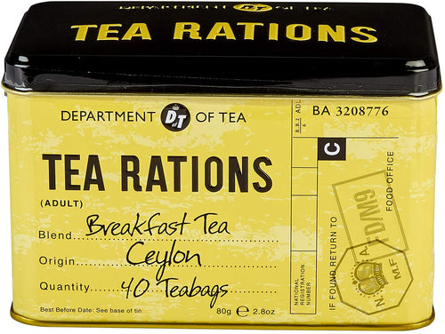 The image shows a metal tin with a yellow body and black top. On the yellow body written in black are the words TEA RATIONS Breakfast Tea Ceylon 40 Teabags. On the lid in yellow is DEPARTMENT OF TEA TEA RATIONS